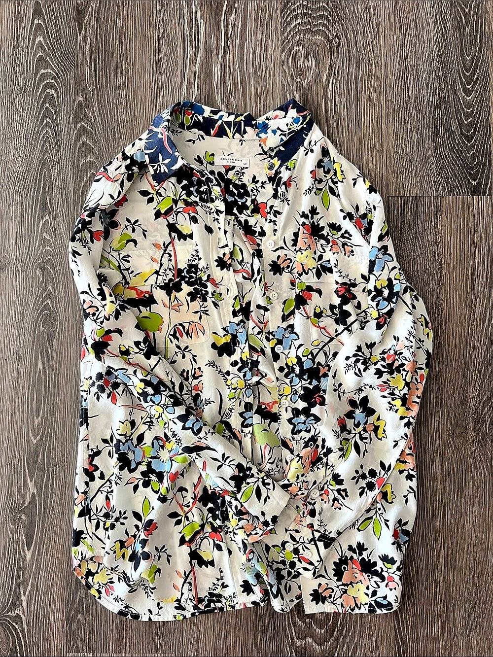 Equipment Signature Silk Shirt Floral Button Down in White & Blue